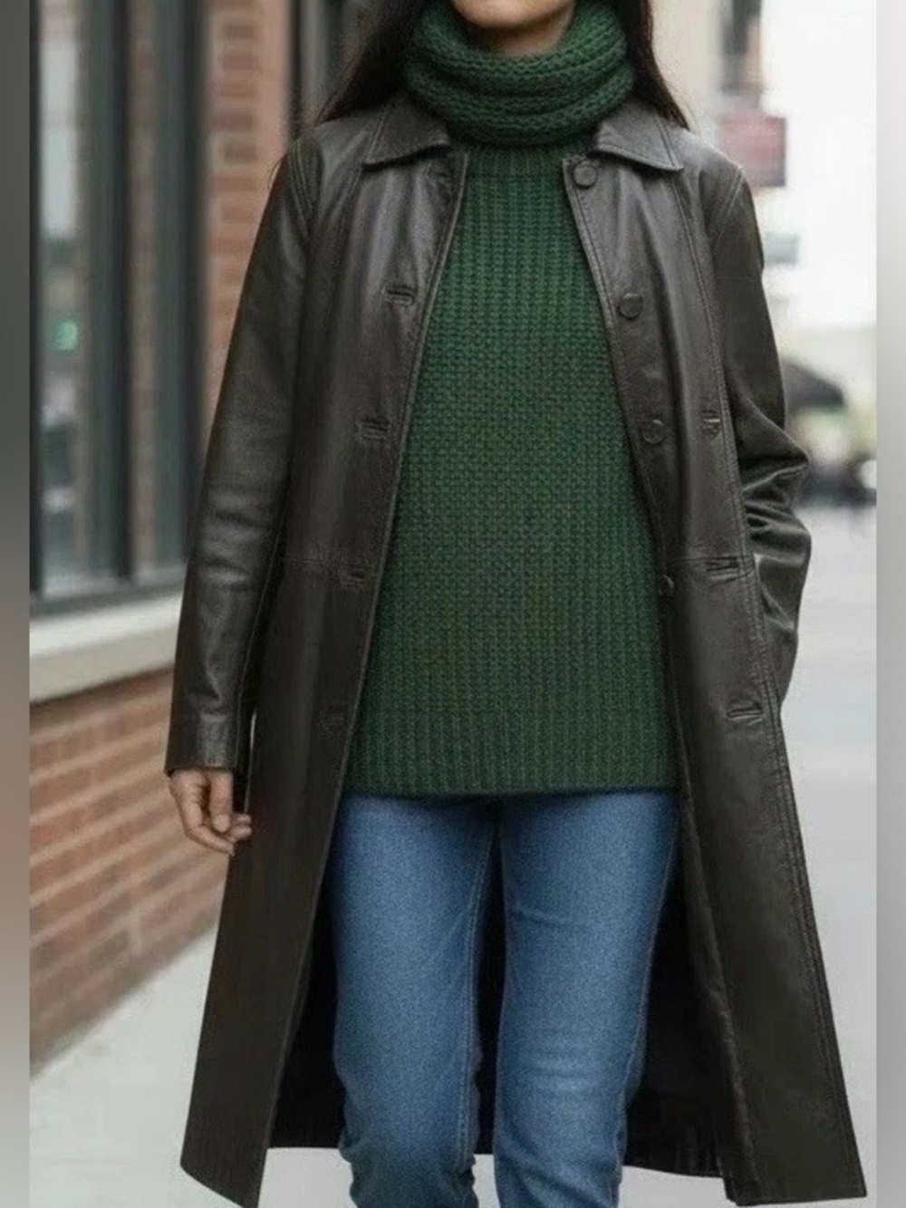 Jones New York Women’s Brown Soft Calf Leather Mid-Length Overcoat Button Down M